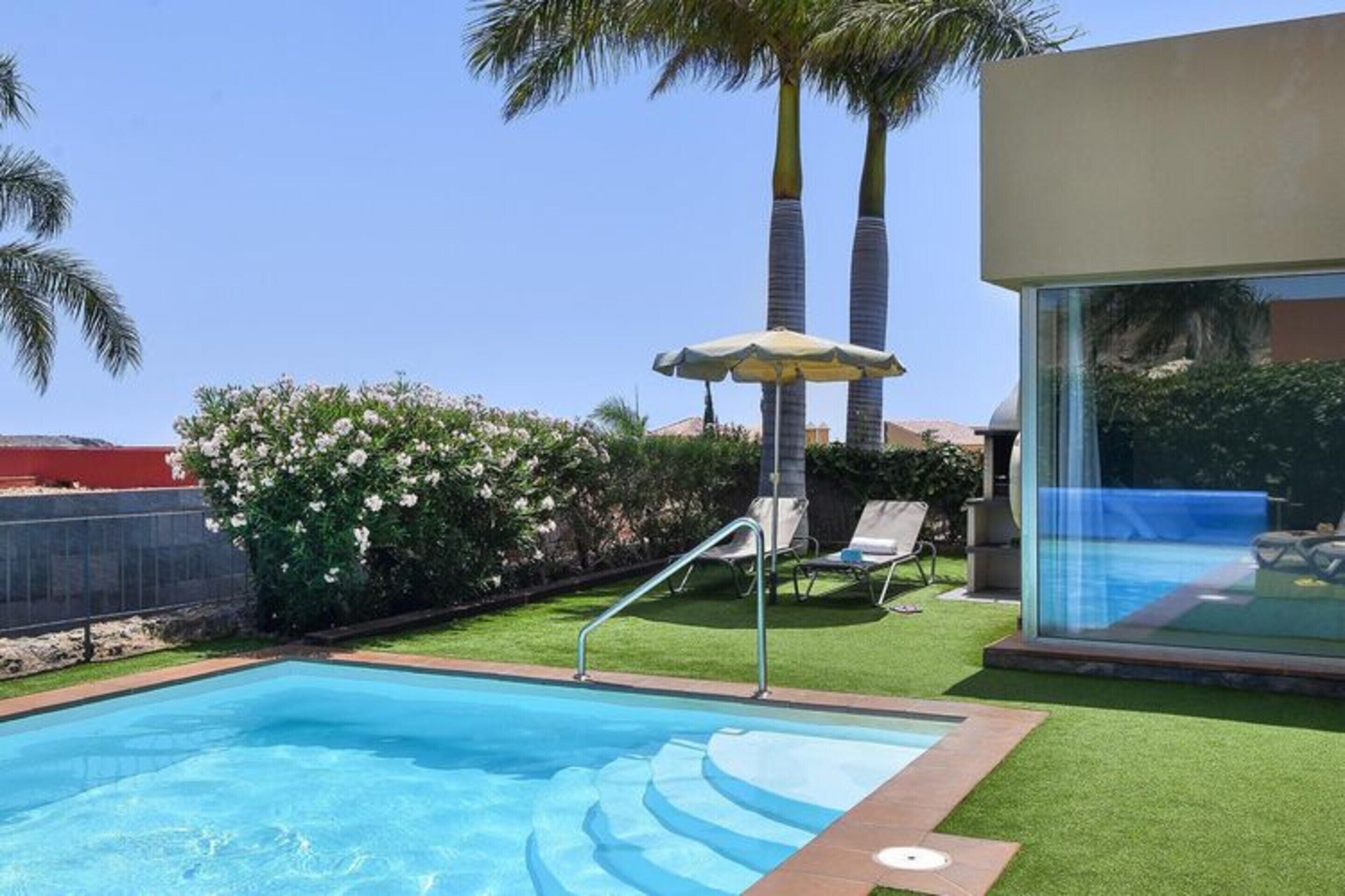 A swimming pool with steps leading into it, surrounded by artificial grass, palm trees, and a glass-enclosed area with lounge chairs.