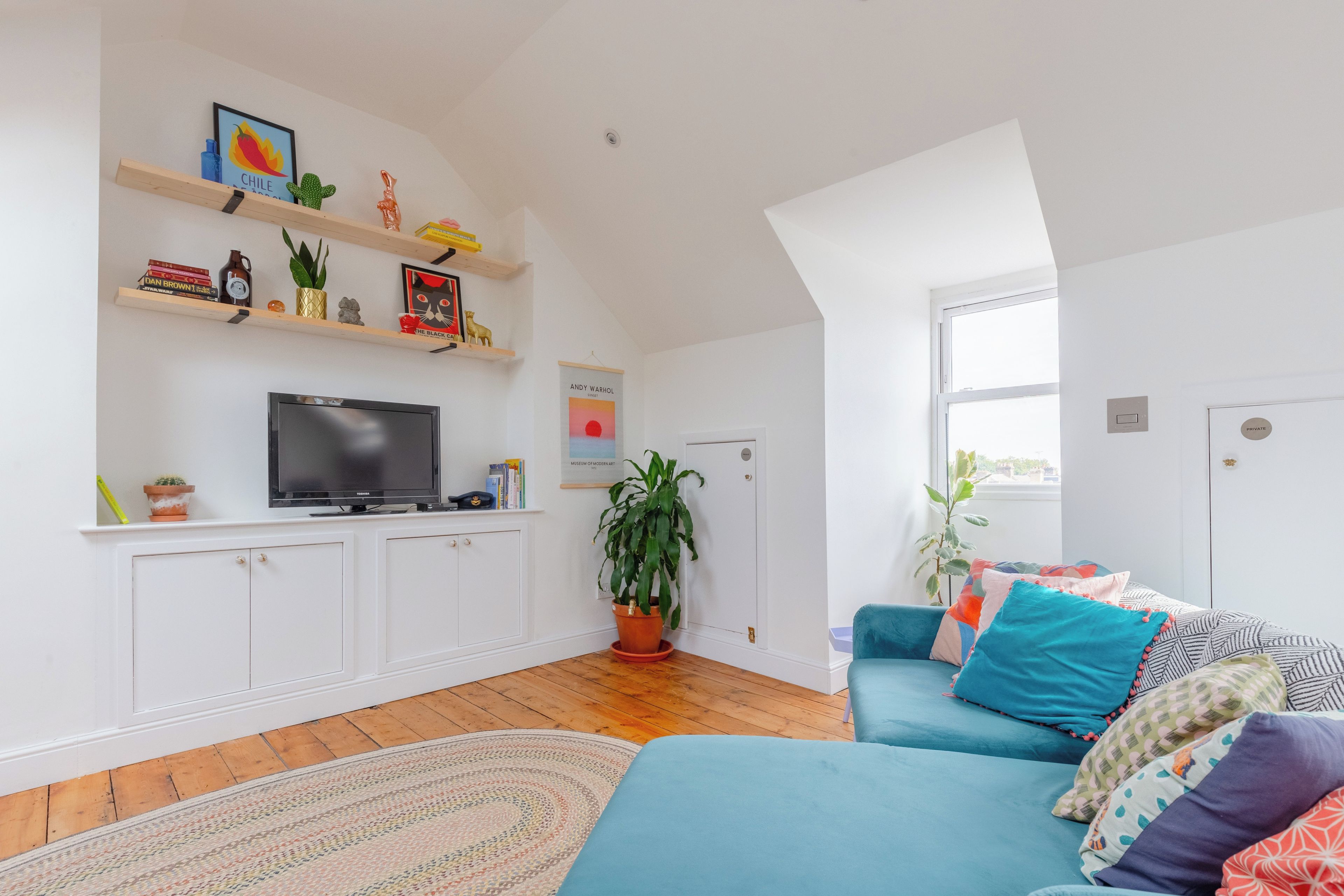A modern living room with a flat-screen TV, a sofa with patterned cushions, a potted plant, and a bookshelf with various items.