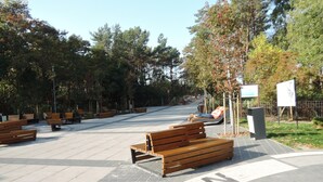 Een park met bankjes, een verharde wandelpad en bomen.