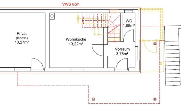 Grundriss mit einem privaten Bereich (13,27m²), einem Wohnzimmer (13,22m²), einer Toilette (1,85m²) und einem Balkon (3,78m²).
