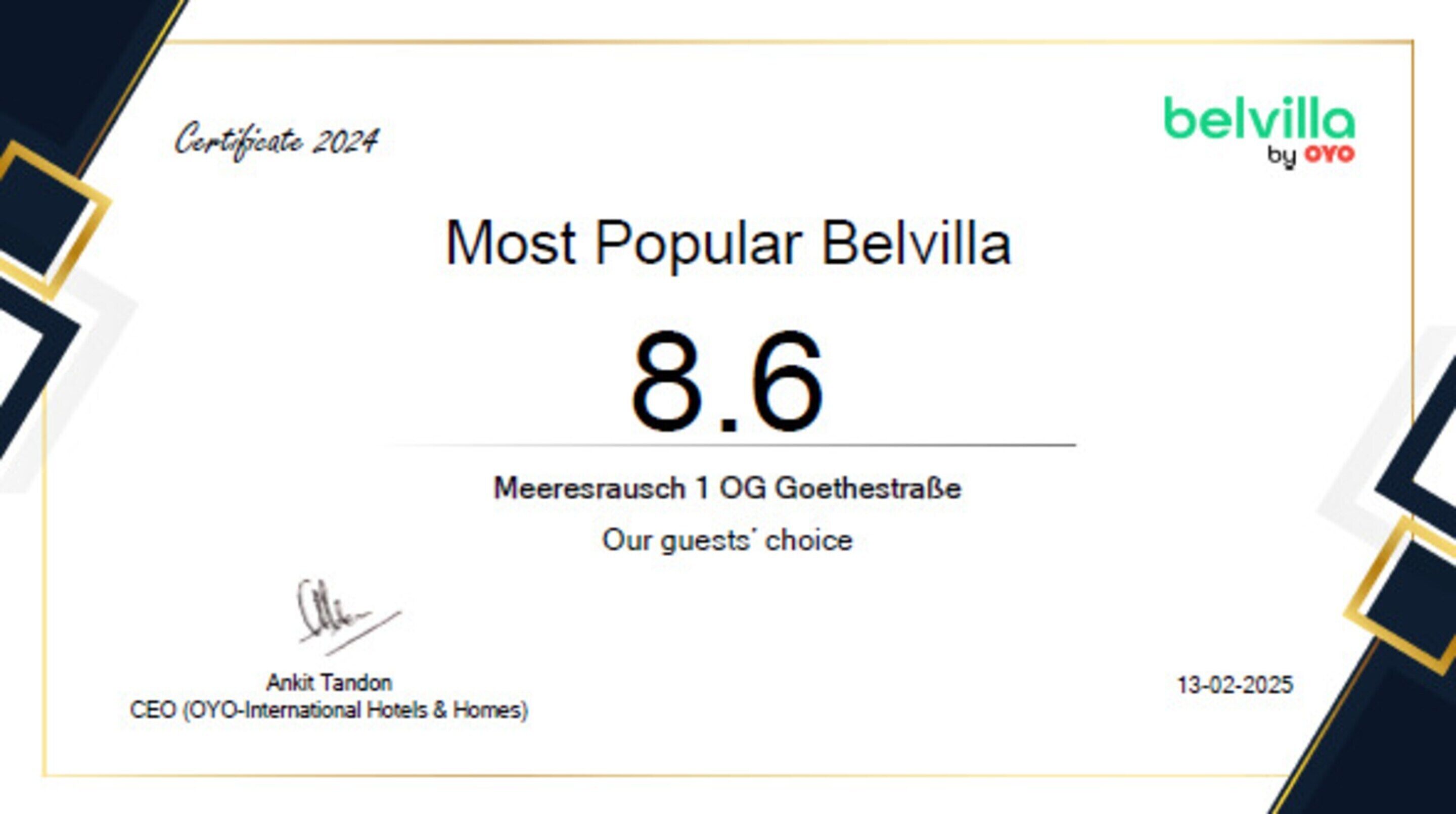 Un certificat intitulé « Belvilla le plus populaire », avec une note de 8,6, situé au Meeresrausch 1 OG Goethestraße, et portant la mention « Choix de nos clients ».