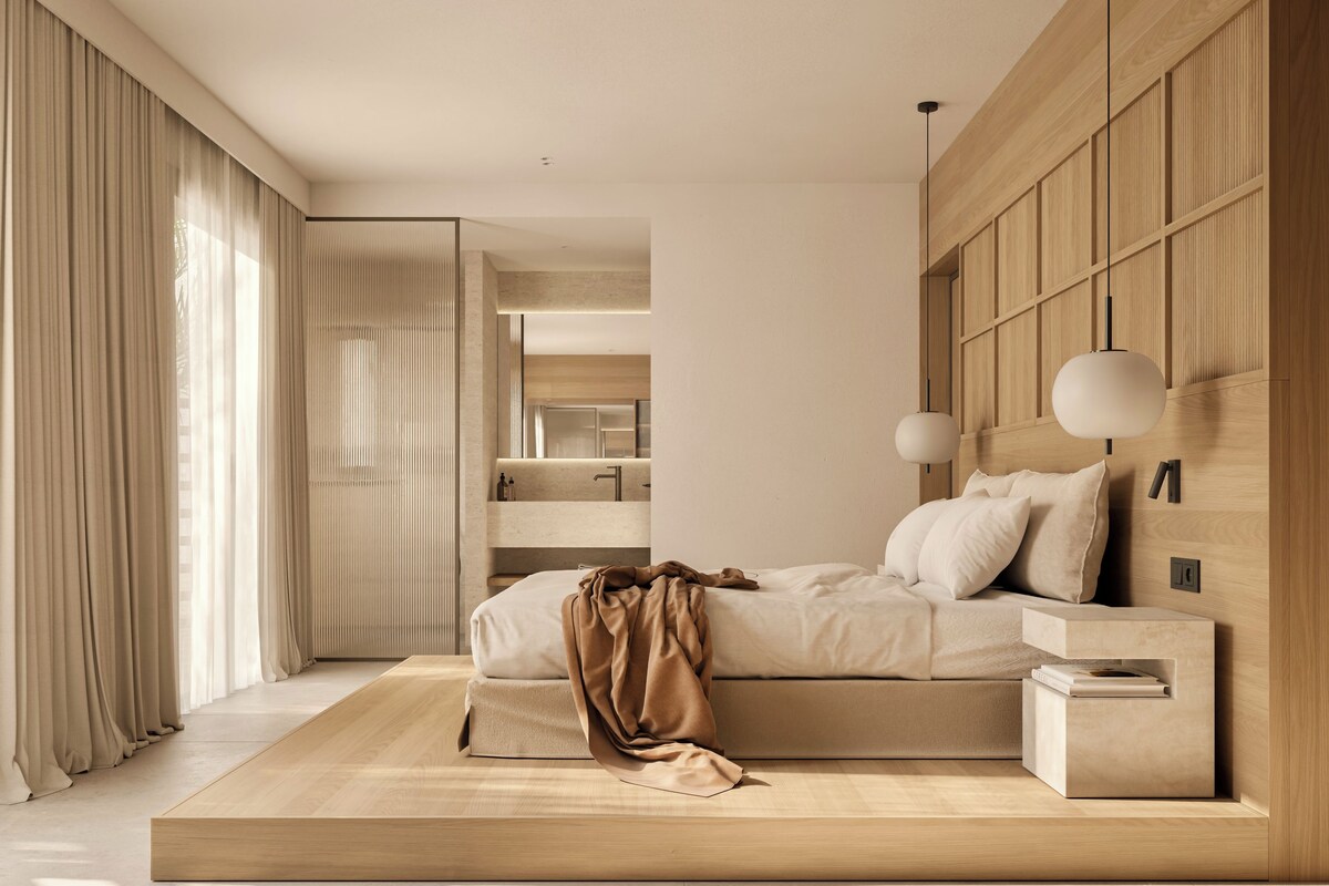Una camera da letto moderna dal design minimalista, con un letto grande, una testiera in legno integrata, comodini e un'ampia finestra con tende.