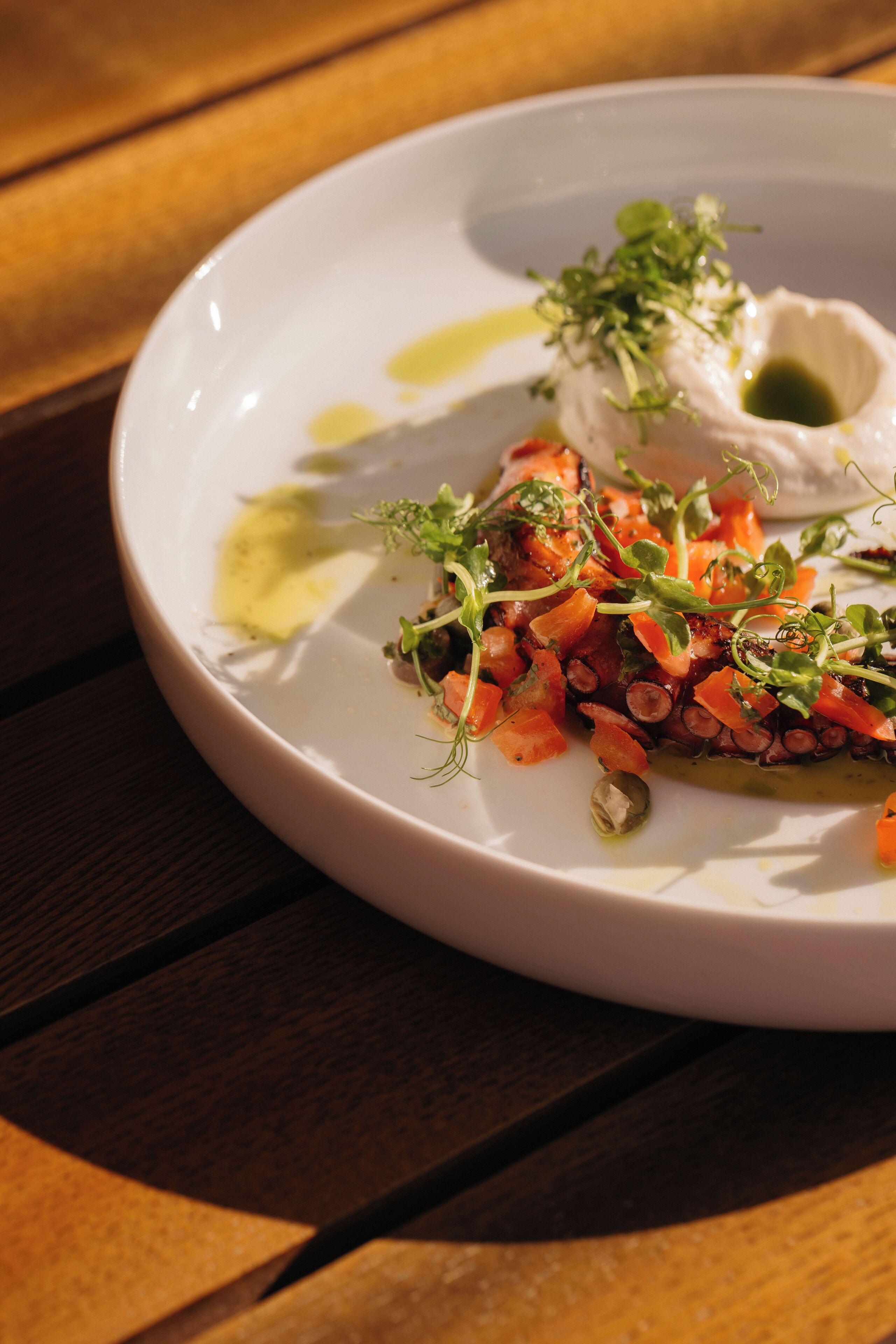 A white plate with a dish of octopus, carrots, and greens, served on a wooden table.