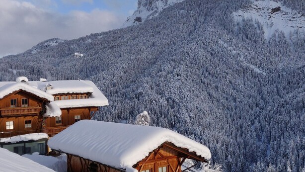 A wooden cabin with a snow-covered roof, surrounded by a forested mountain area. - Chalet in Funes Valley With Dolomites Views (Funes)