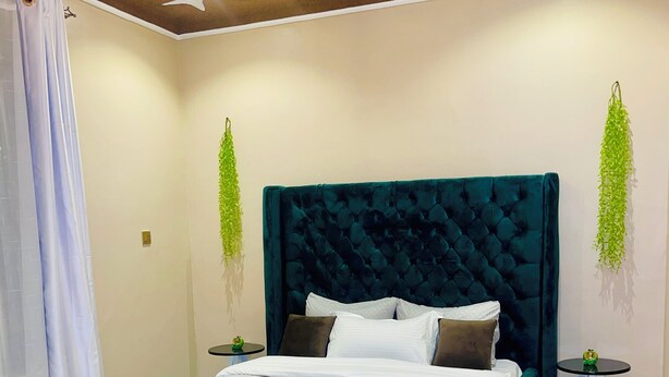 A bedroom with a large bed, a hanging plant, and a small table. - Luxury One Bedroom Apartment Kampala Uganda. (Kampala)