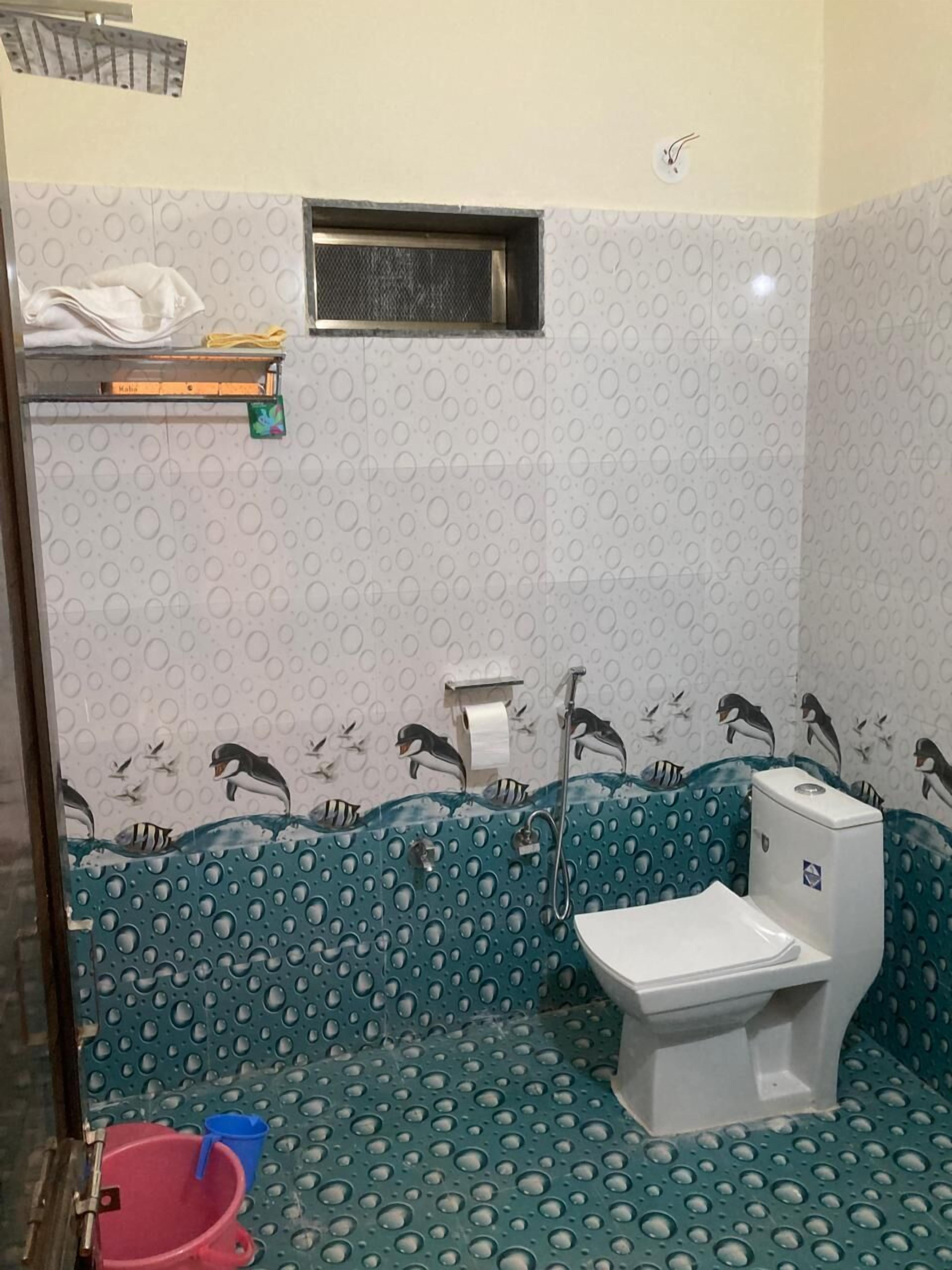 A bathroom with a toilet, a shower, and a shelf with books and a tissue box.