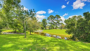 Un paisaje verde exuberante con un estanque, árboles y un cielo azul despejado.