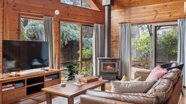Un salon chaleureux avec une grande télévision, des meubles en bois, une cheminée et de grandes fenêtres donnant sur un jardin.