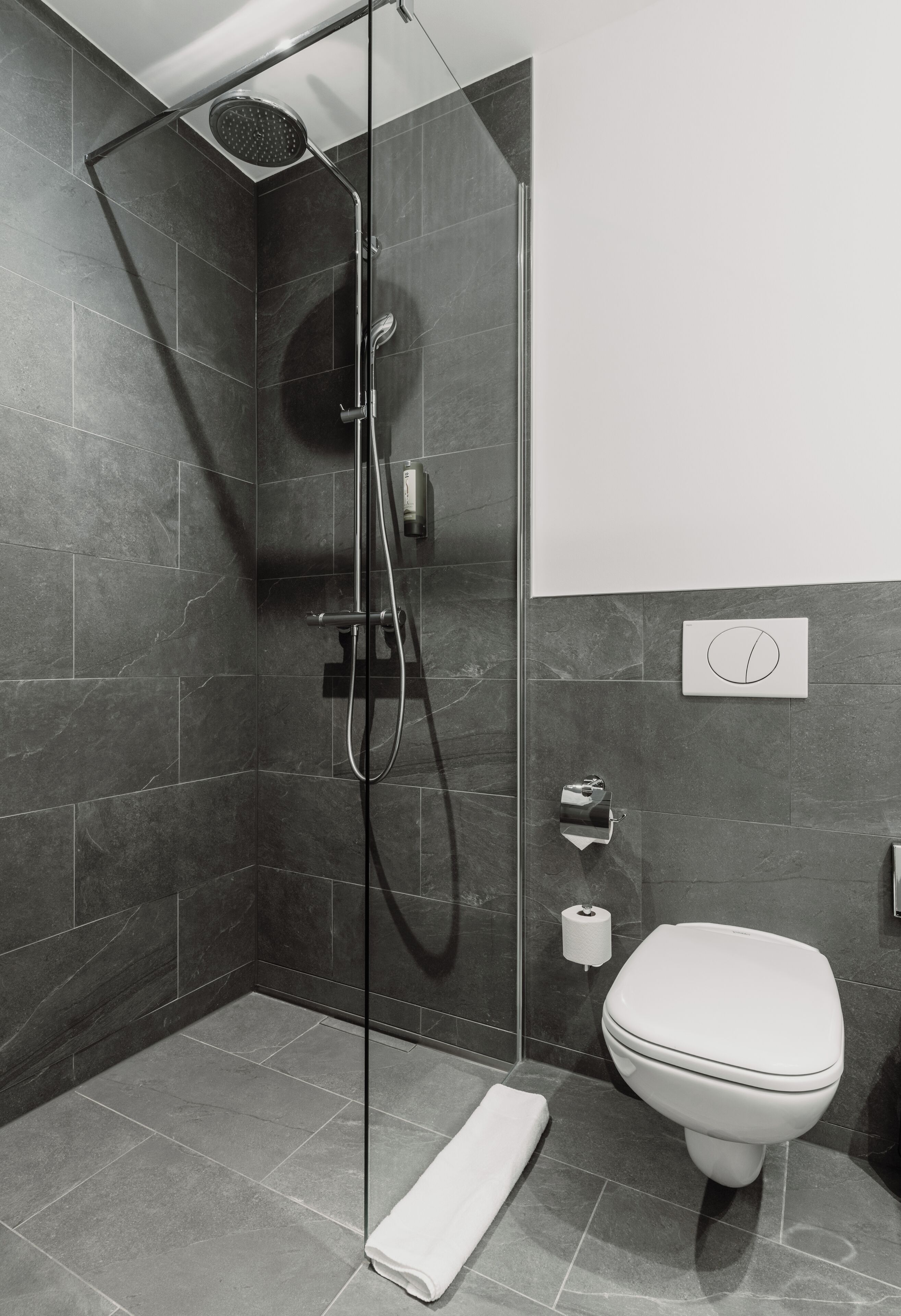 Un baño moderno con ducha envuelta en cristal, inodoro y toallero.