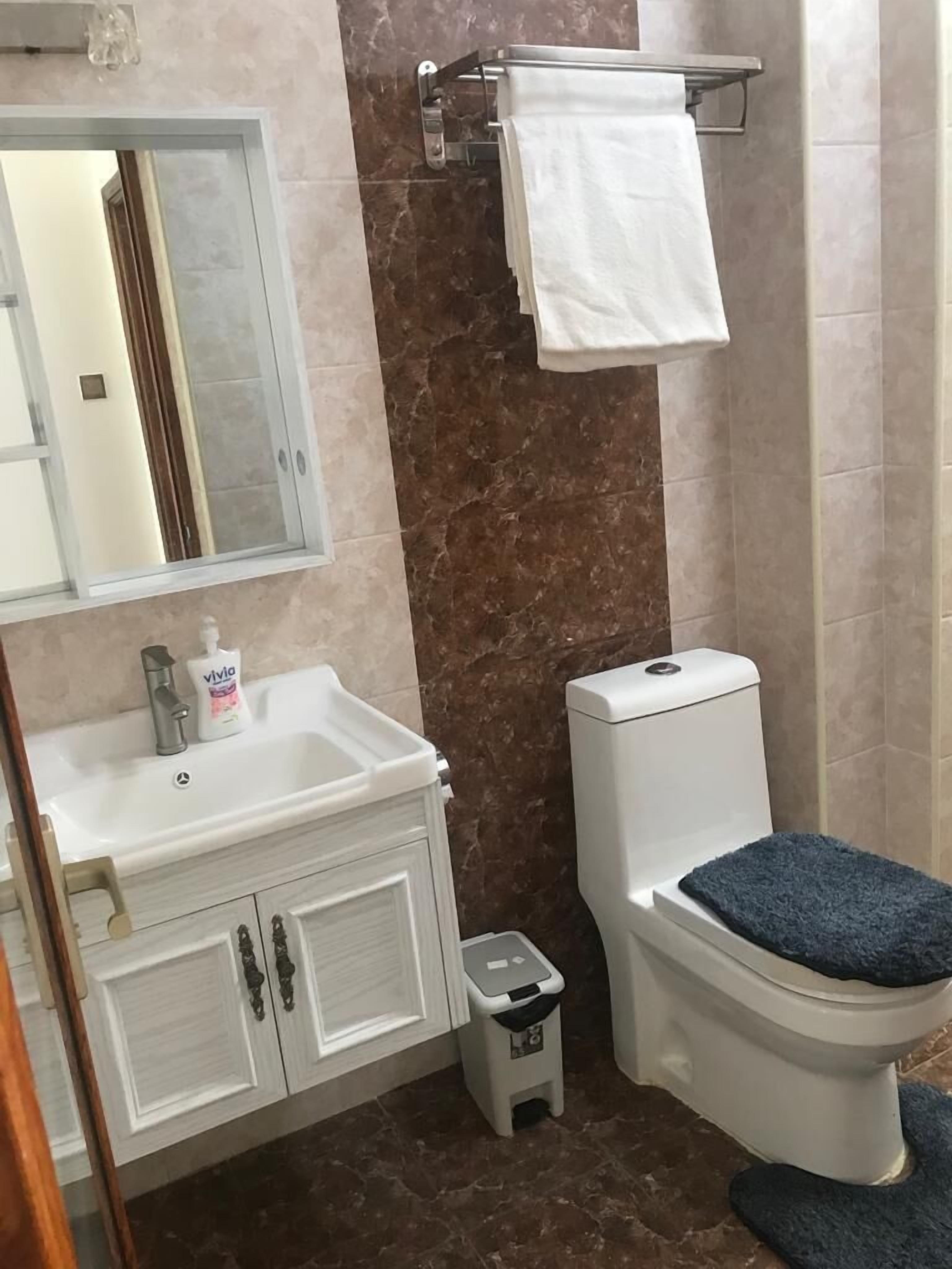A bathroom with a white sink, a toilet, and a mirror.