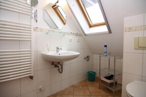 A bathroom with a skylight, a white sink, a glass shelf, and a toilet. - Apartment, Zingst (Zingst)