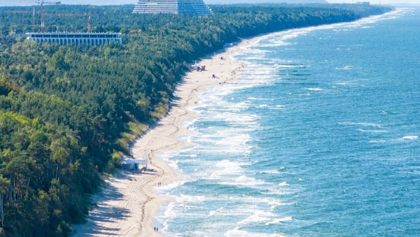 Ein Küstenstrand mit einer großen Hotelanlage, dichtem Wald und Meereswellen.
