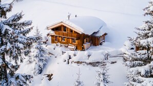 A wooden cabin surrounded by snow-covered trees.
