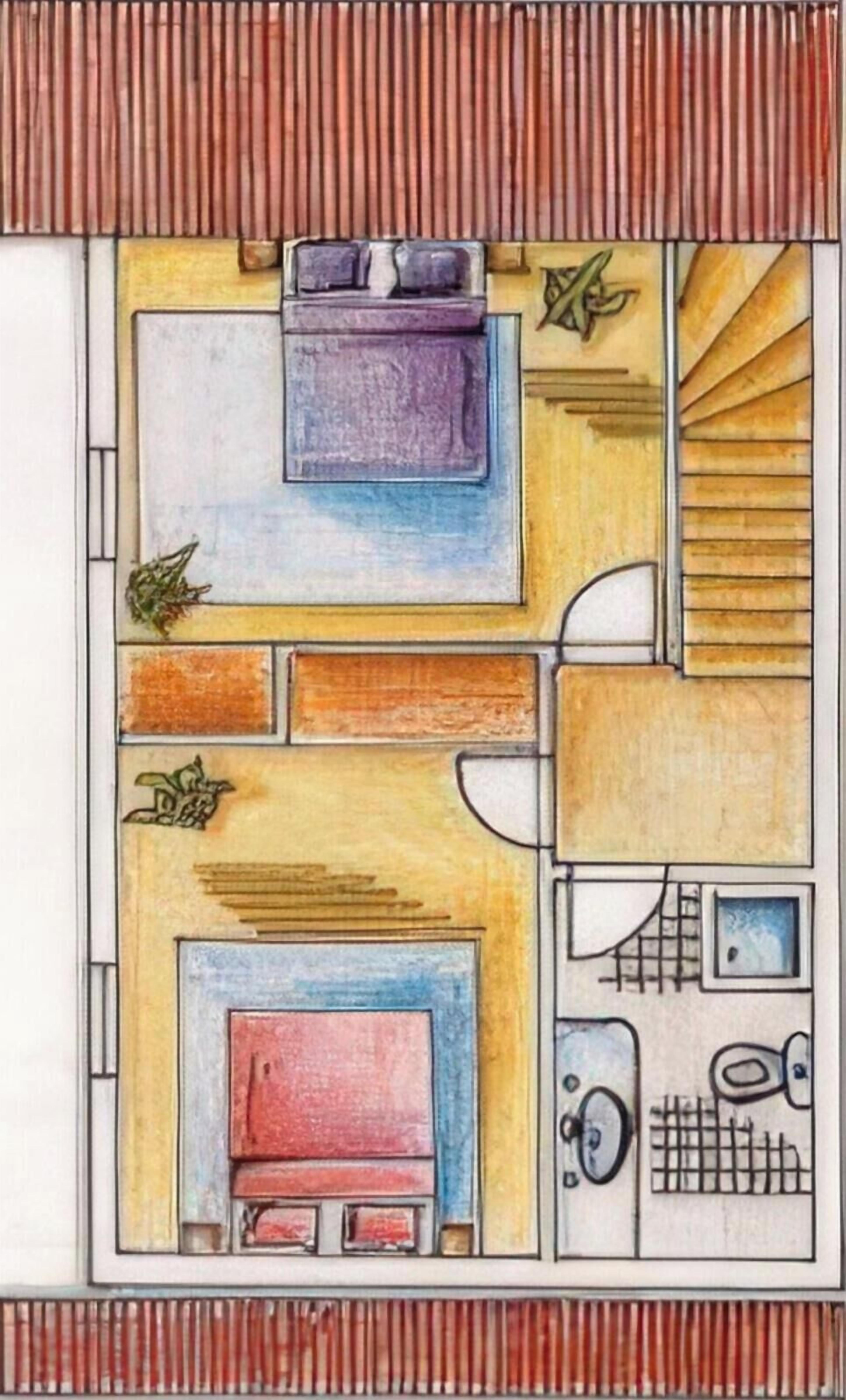Un plan d’étage d’une pièce comprenant un lit, un bureau, une chaise, une fenêtre et une porte.