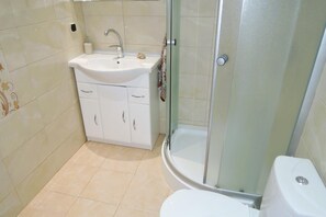 A bathroom with a sink, toilet, and glass-enclosed shower. - Holiday Home in Kolczewo Near Baltic Beaches (gmina Wolin)