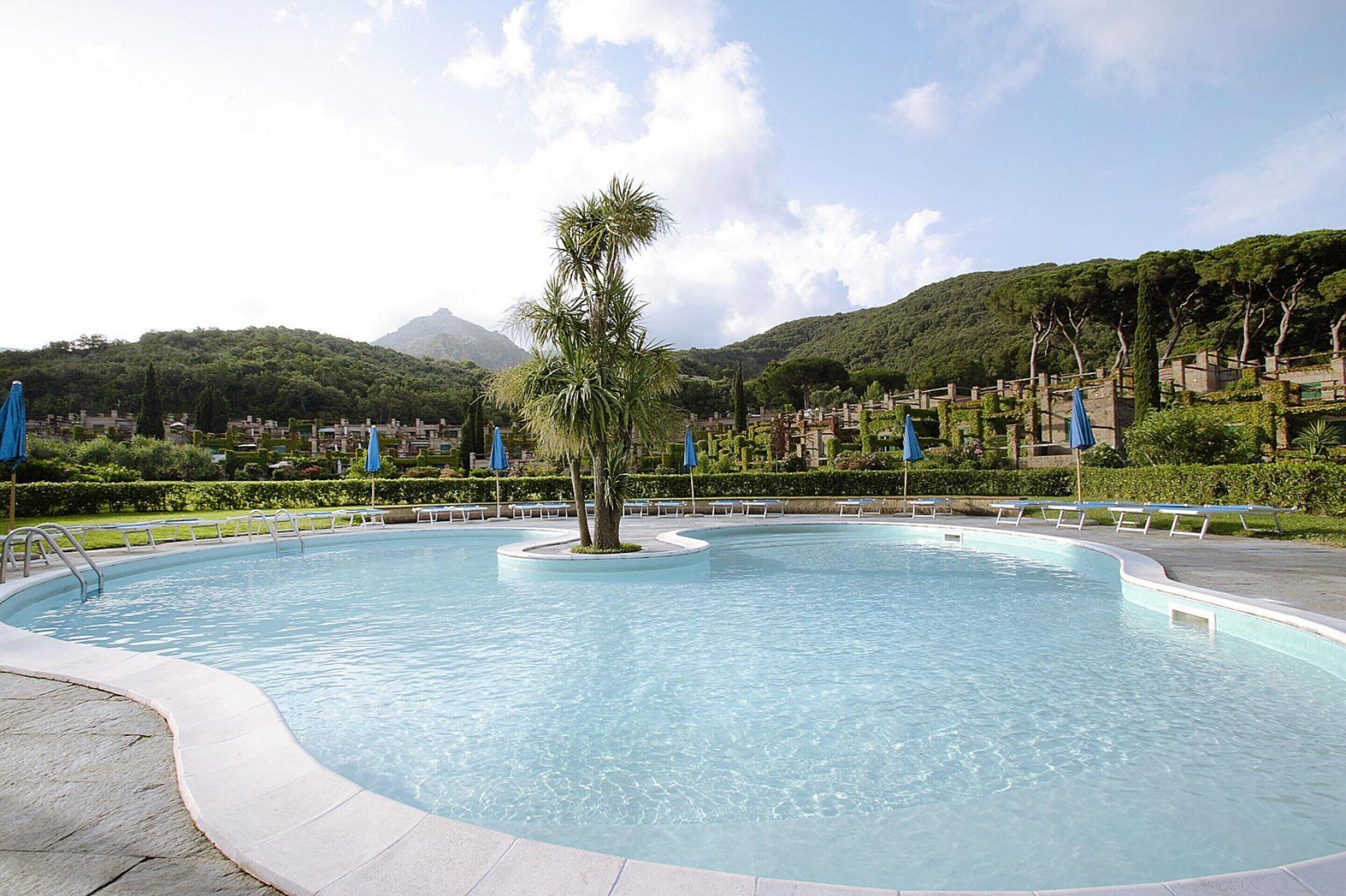 A swimming pool with a palm tree in the center, surrounded by blue umbrellas and lounge chairs.