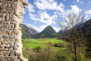 A stone building with a view of a mountainous landscape and a tree in the foreground.