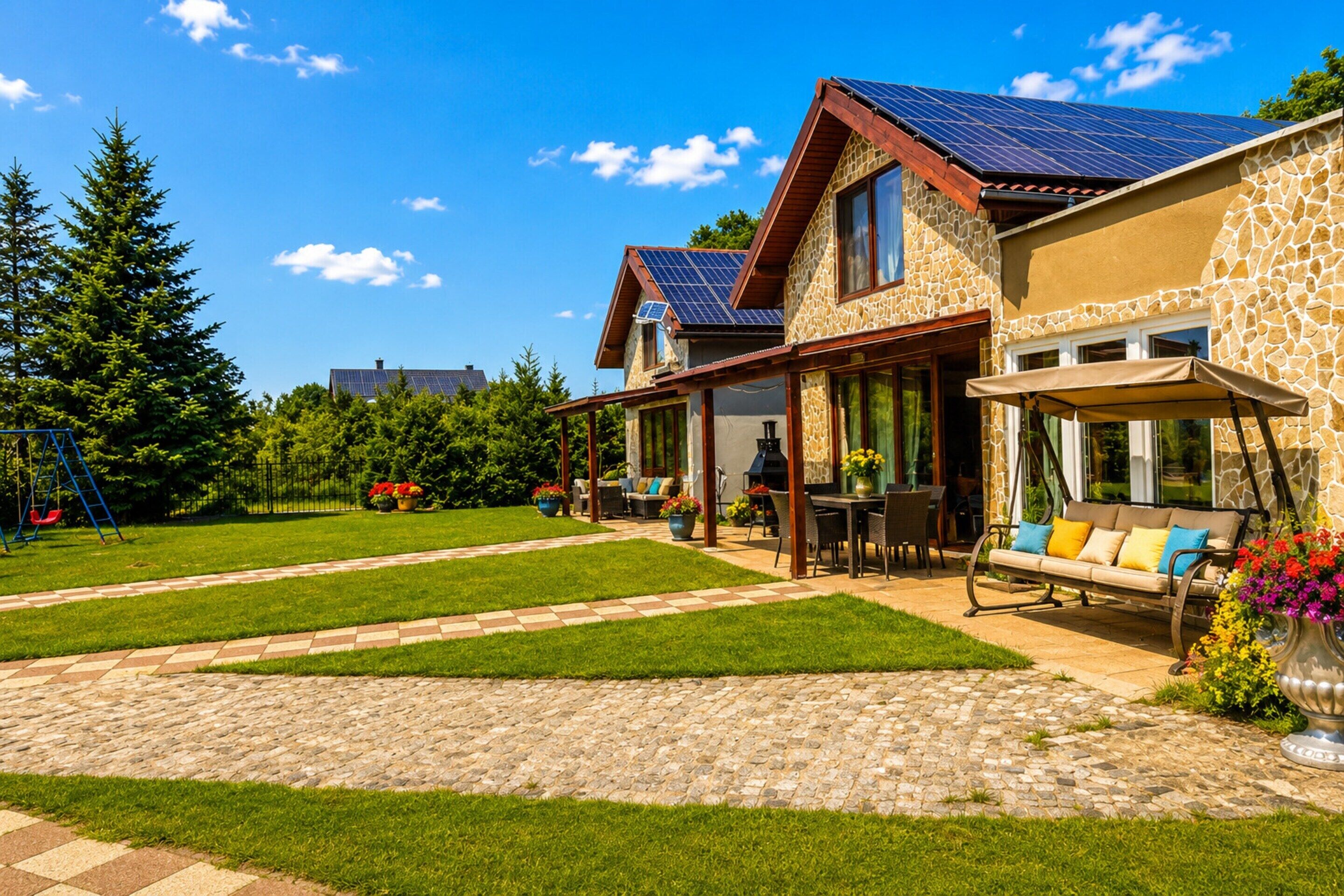 A house with a stone exterior, a patio with a swing set, and solar panels on the roof.