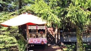 Une cabane en bois rustique, dotée d’un porche, d’un parasol rouge et d’une petite table recouverte d’une nappe à motifs floraux.