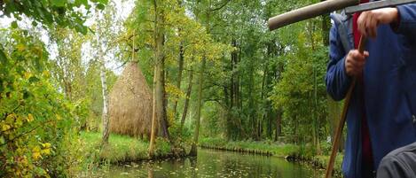 A person in a blue jacket and cap holding a long pole, standing by a calm river surrounded by trees and a thatched structure.