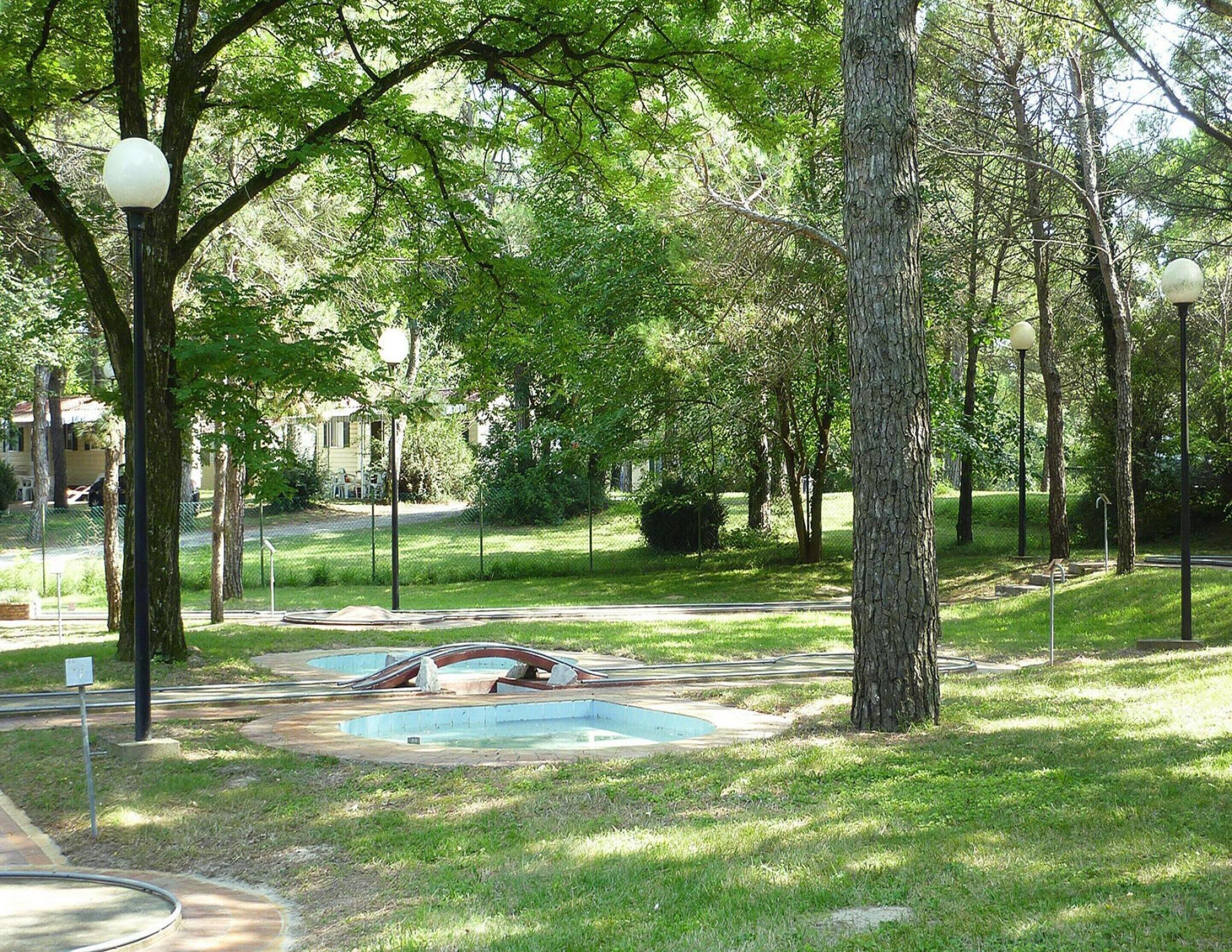 A park with a swimming pool, trees, and lamp posts.