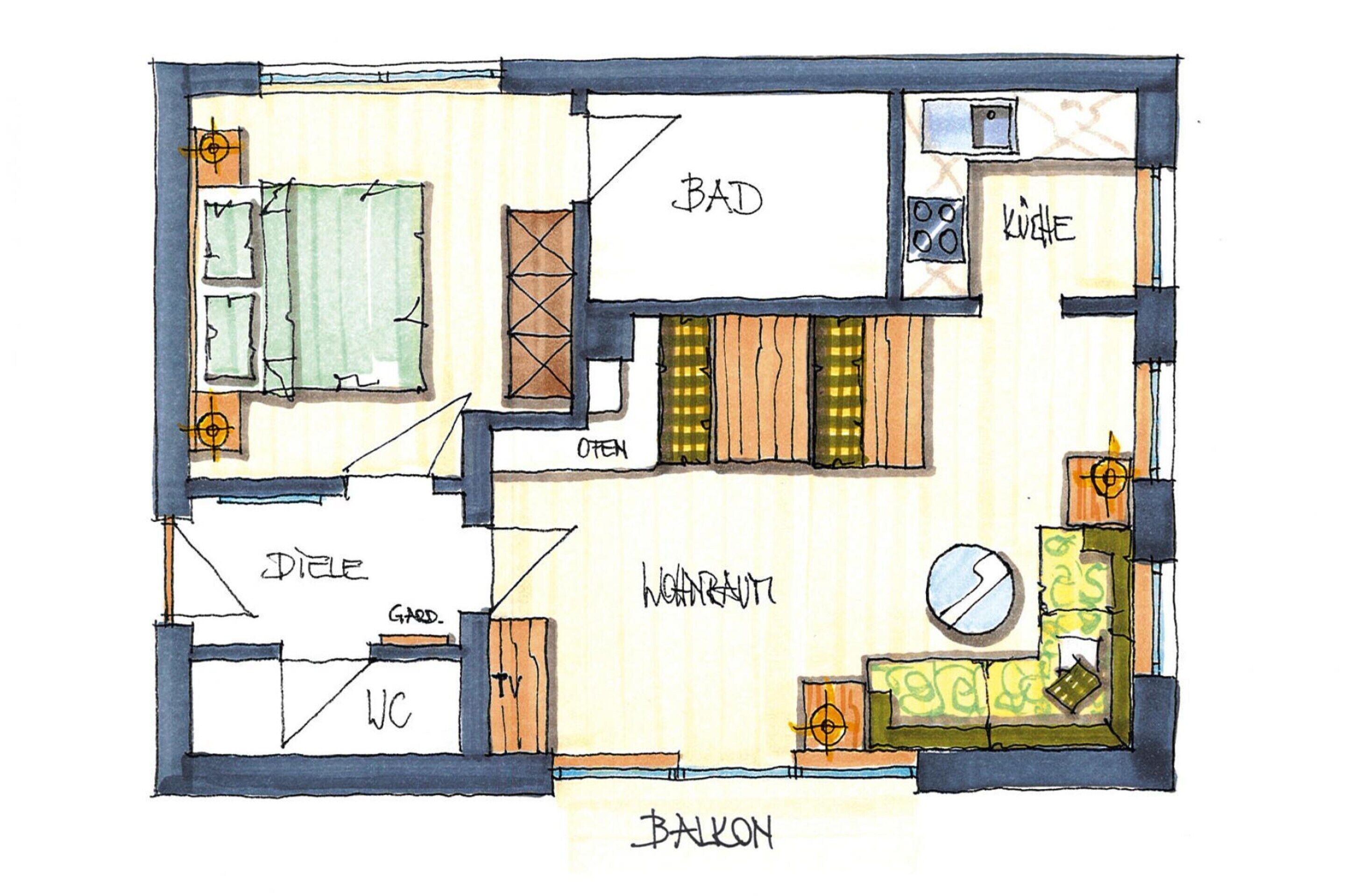 A floor plan of a hotel with labeled rooms including a balcony, kitchen, and living area.