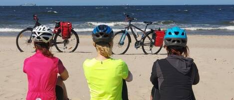 Three individuals seated on a sandy beach with bicycles and helmets, overlooking the ocean.