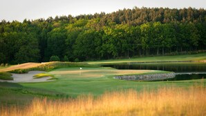 Een golfbaan met een vlag, zandbunkers en een vijver.