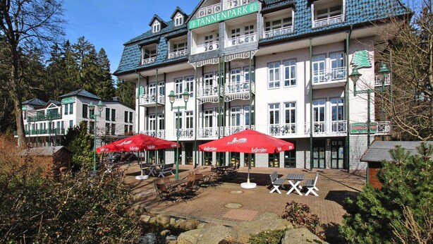 A Tannenpark hotel with outdoor seating and a stone pathway. - Wohnung in Tanne mit Einem Gemeinsamen Pool (Oberharz am Brocken)