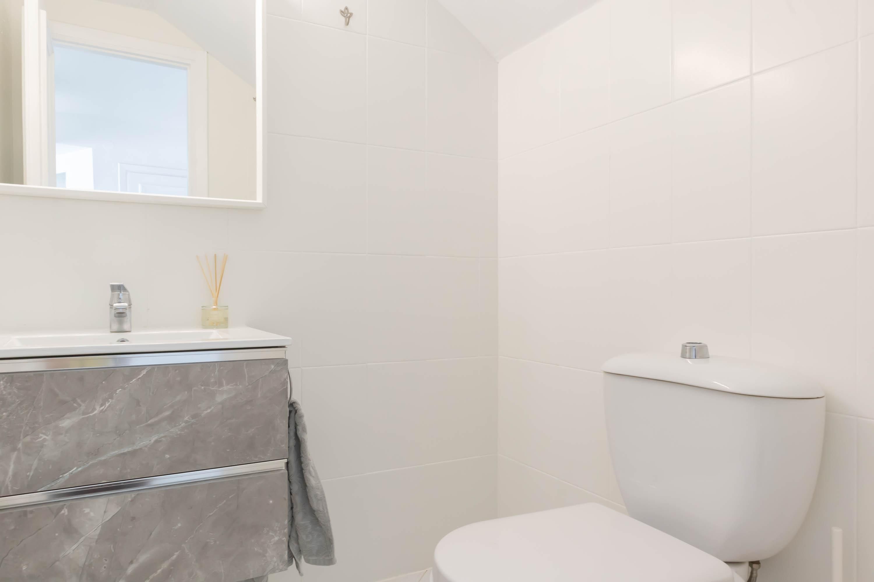 A bathroom with a marble vanity, a toilet, and a mirror.