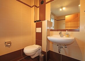 A bathroom with a toilet, sink, and mirror. - Doppelhaushalfte, Zingst (Zingst)