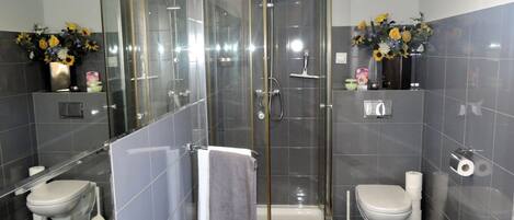 A modern bathroom with a glass-enclosed shower, two toilets, and a sink.