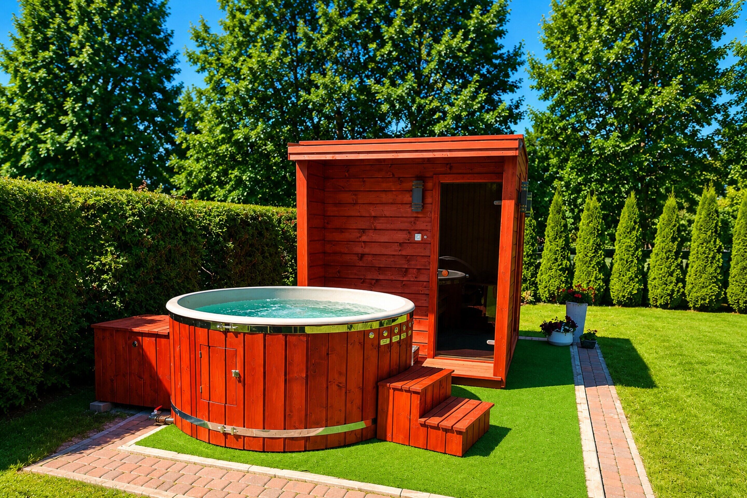 Un bain à remous avec une terrasse en bois, un petit abri de jardin et une pelouse bien entretenue.