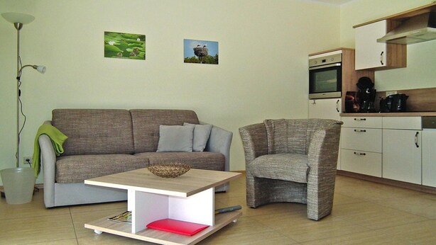 A living room with a sofa, a chair, a coffee table, a lamp, and a kitchen area with cabinets and appliances. - Apartments Spreeidyll, Schlepzig (Schlepzig)