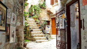 A narrow stone pathway leading to a building with a wooden door and a metal gate. - Villa in Rovinj Near Beach & Old Town (Rovinj)