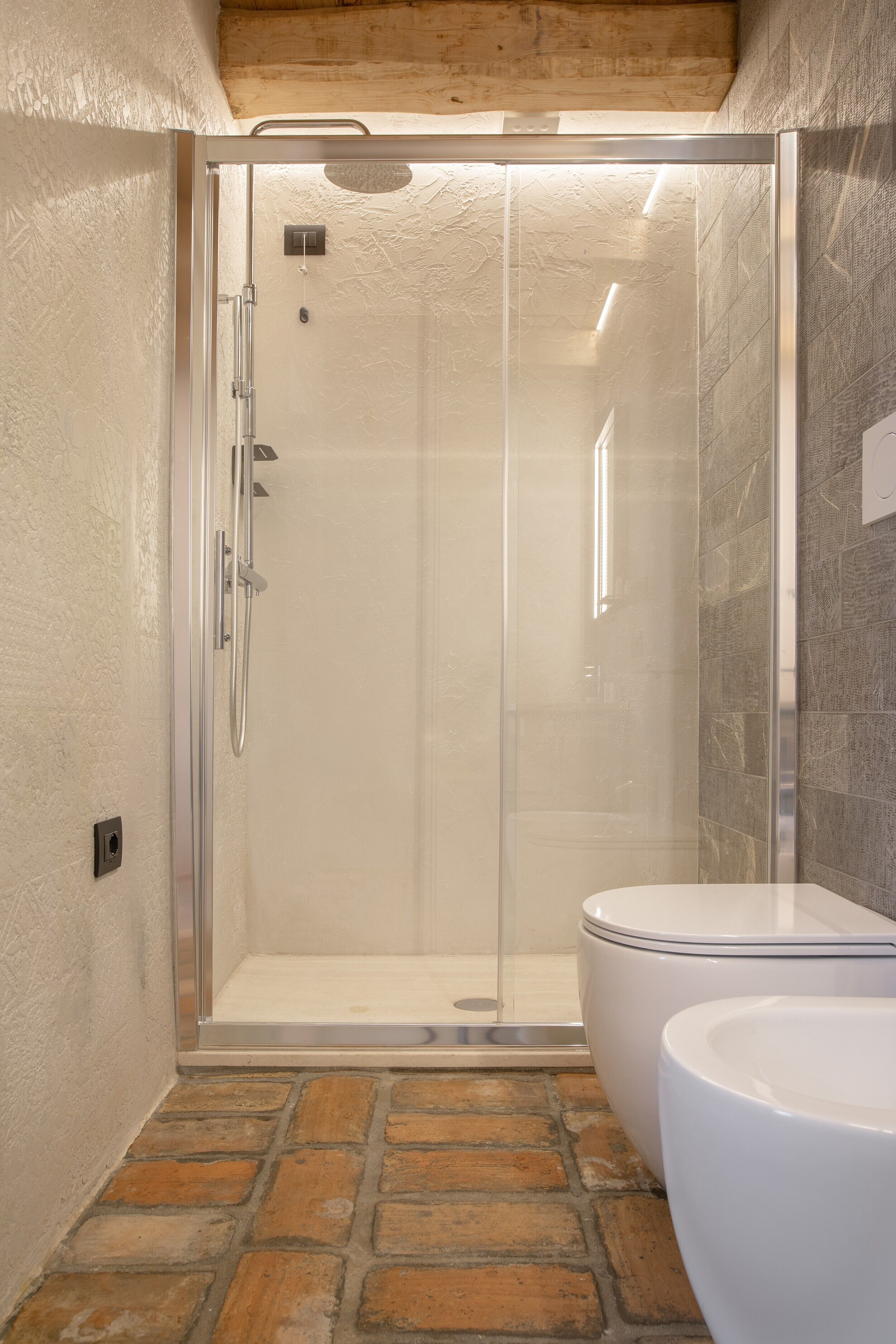 Shower, hair dryer, bidet, towels