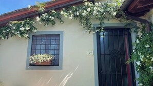 Un bâtiment avec une fenêtre ornée d’une jardinière et une porte noire.