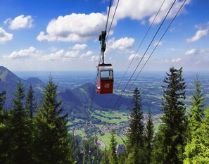 Une télécabine portant le numéro 40 est suspendue au-dessus d’un paysage montagneux, avec de vastes forêts et une petite ville en contrebas.