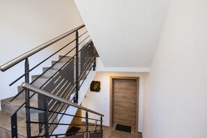 Un escalier moderne avec des rampes en métal et une porte en bois en bas.