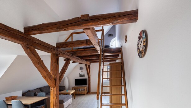 A loft-style room with exposed wooden beams, a dining area with a table and chairs, a sofa, a ladder, and a television. - Studio in Buchholz am Muritzsee (Buchholz)