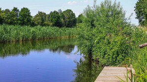 A wooden dock extending into a calm body of water, surrounded by dense greenery and trees. - Komfortable Wohnung in Lubben an der Spree (Lübben (Spreewald))