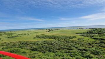 A vast, open landscape with rolling green fields and a distant body of water under a partly cloudy sky.