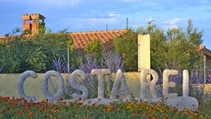 Un cartello di pietra con la scritta 'COSTADEL' affiancato da un giardino di fiori colorati.