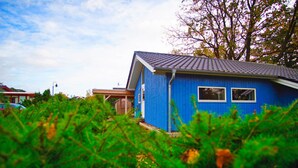 Ein kleines blaues Haus mit geneigtem Dach, umgeben von viel Grün.
