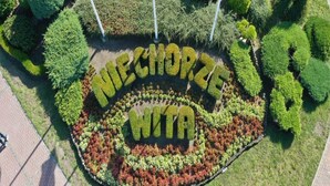 An aerial view of a landscaped area with a circular garden design featuring the text "NECHORZE WITA". - Holiday Home in Niechorze Near Lighthouse (Rewal)