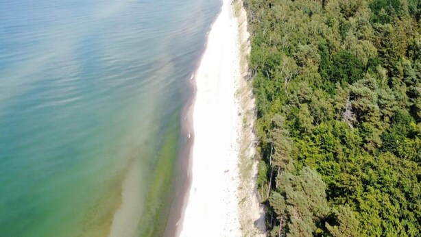 An aerial view of a coastal area with a beach, dense forest, and a lighthouse. - Holiday Home in Niechorze Near Lighthouse (Rewal)