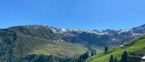 A mountainous landscape with snow-capped peaks, a valley with greenery, and a clear sky.