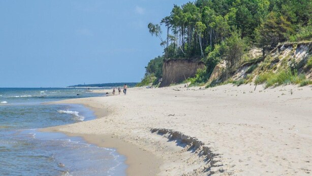 A sandy beach with a forested cliff and ocean in the background. - Kolczewo Cottage With BBQ & Garden (gmina Wolin)
