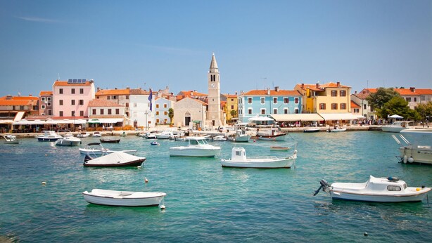 A coastal town with colorful buildings, a prominent tower, and numerous boats docked in the harbor. - Pool Fun House Betiga 1 With gym (Vodnjan)