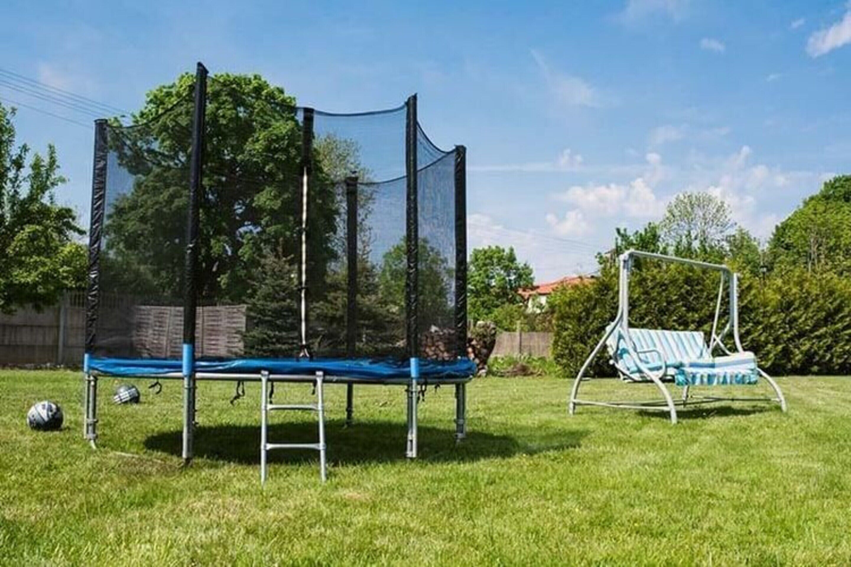 A trampoline with a safety net in a grassy backyard.